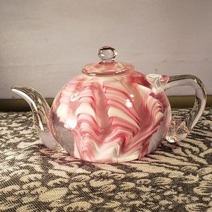Murano Pink & White Swirl Blown Glass Teapot